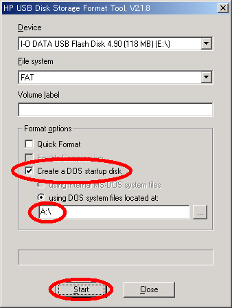 HP USB Disk Storage Format Tool の設定画面