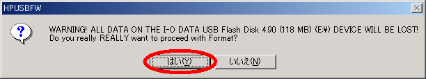 USBメモリのフォーマット確認メッセージ